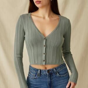 Guess Ribbed Crop Cardigan Sweater Women’s L Grey Olive Stretch Long Sleeve